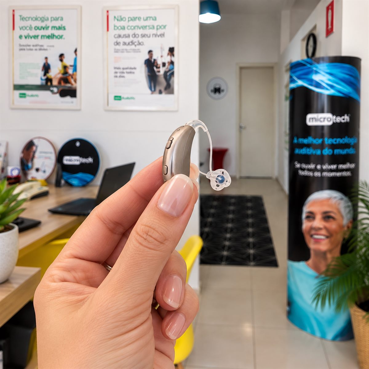 Mão segurando um aparelho auditivo do tipo RIC na loja da AudioVic, mostrando o tamanho real da peça
