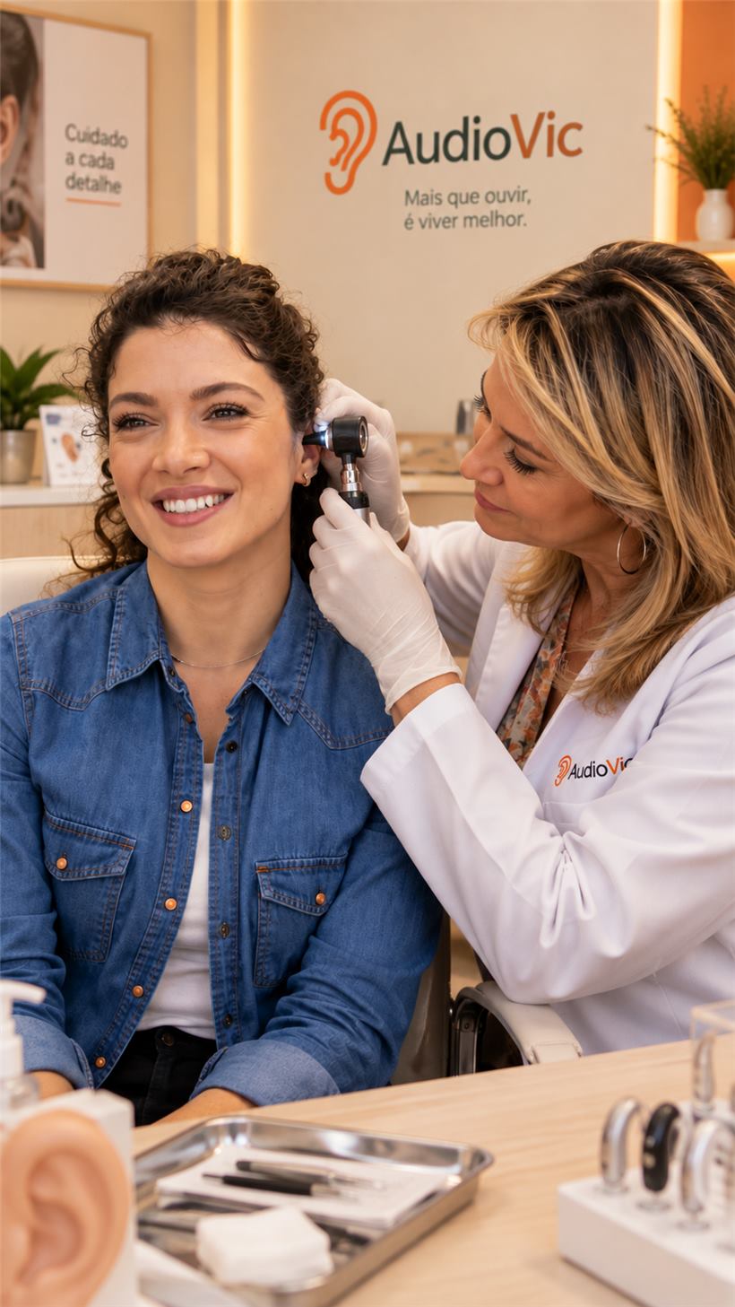 Uma nova forma de ouvir o que realmente importa: profissional da AudioVic examinando o ouvido de uma pessoa durante o atendimento